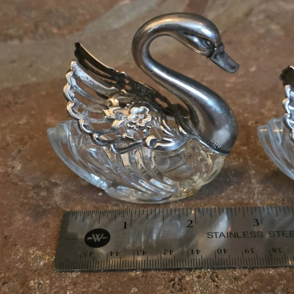 Vintage Italian Swan Salt Cellars Glass Plated Silver Hinged Wings Pair  trinket